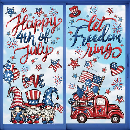 DIYDEC 6 Sheets Patriotic Window Clings Happy 4th of July Window Stickers Gnome Truck American Flags Stars Firework Decals Double-Sided for Independence Day Home Party Decoration