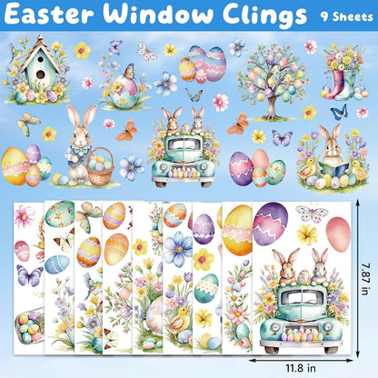 9 Sheets Easter Window Clings Decor, Bunny & Egg Window Stickers, Spring Decorations for Home, Office, Classroom, Holiday Decals for Glass Windows & Doors