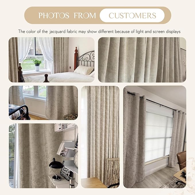 Beauoop Beige Floral Jacquard Blackout Curtains 84 Inches Long 2 Panels - Image 8