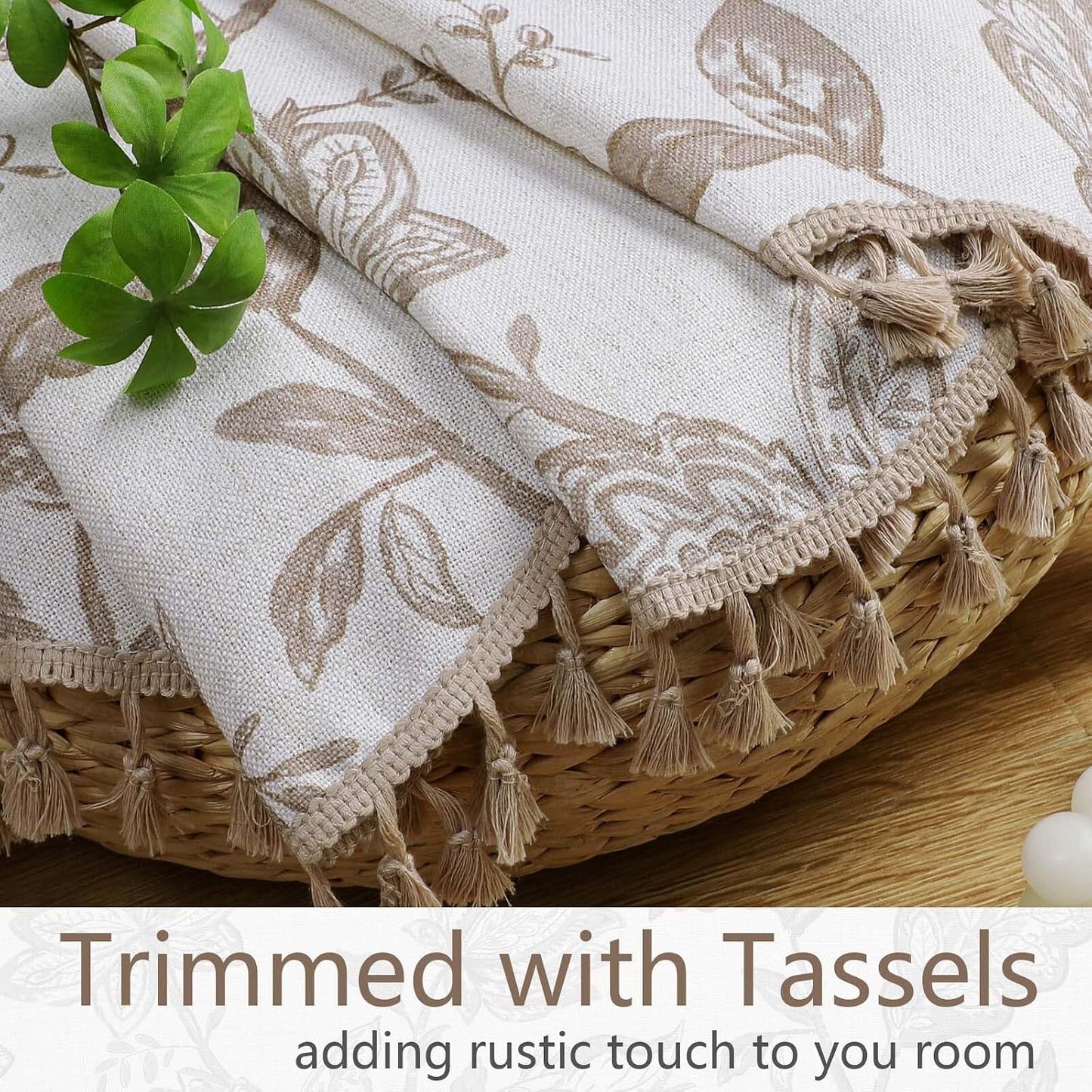 Scalloped Valance for Windows - Faux Linen Textured Short Kitchen Valance with Tassels, Farmhouse Floral Printed Small Window Curtains for Bathroom Basement RV, 1 Piece, 52Wx18L Inches, Taupe