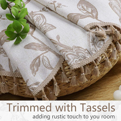 Scalloped Valance for Windows - Faux Linen Textured Short Kitchen Valance with Tassels, Farmhouse Floral Printed Small Window Curtains for Bathroom Basement RV, 1 Piece, 52Wx18L Inches, Taupe