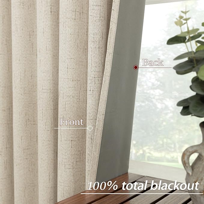 KOUFALL 52x86 Inches Long Light Tan Back Tab Linen Blackout Curtains - Image 5