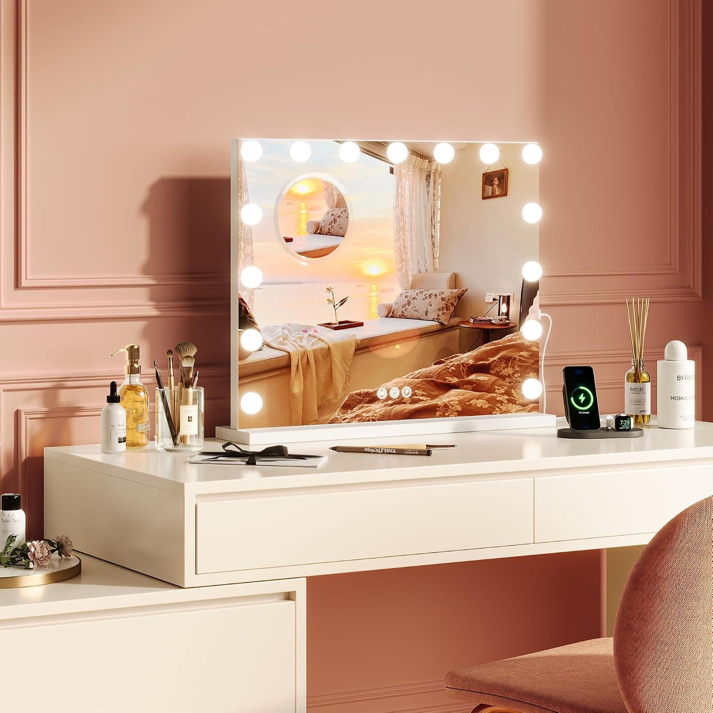 IDEALHOUSE Vanity Mirror with Lights, 15 Dimmable LED Bulbs, 3 Color Modes, Stepless Dimming, Touch Control, USB Charging Port, Tabletop or Wall Mount, 3X Mirror