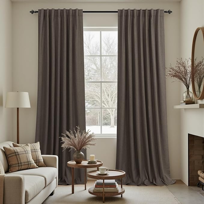 KOUFALL Brown Curtains Blackout 2 Panels, Dark Chocolate Linen Pleated Black by KOUFALL