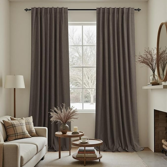 KOUFALL Brown Curtains Blackout 2 Panels, Dark Chocolate Linen Pleated Black by KOUFALL
