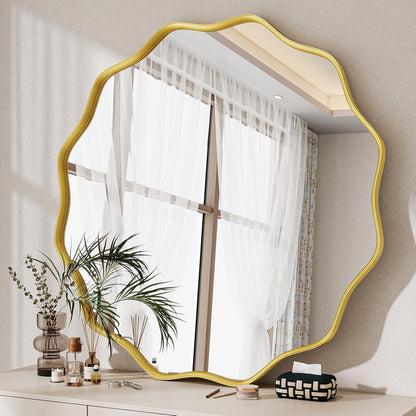 Wavy Round Mirror, 30" Scalloped Metal Frame Gold Circle Mirror | Wall Mounted for Bathroom, Vanity, Entryway, Hallway, Living Room