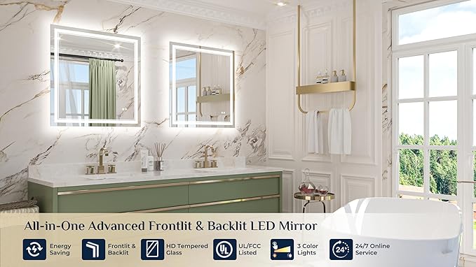 Keonjinn 30" x 32" Bathroom LED Mirror, Front & Back Lighted Mirror - Image 9