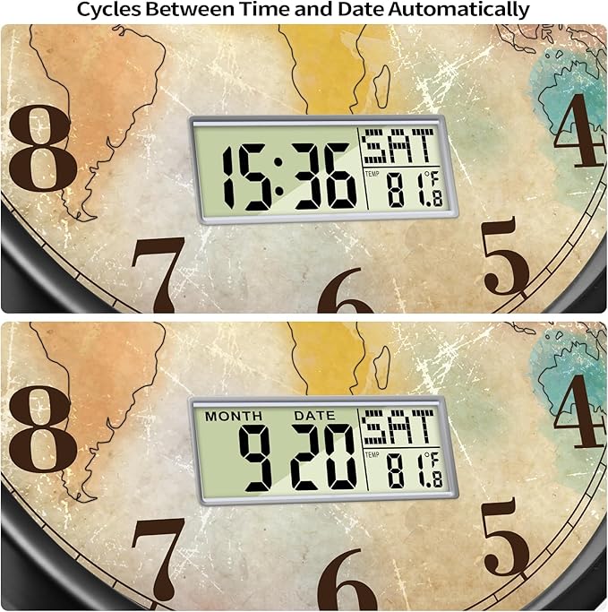 Modern Round Retro Digital and Analog Wall Clock Silent Calendar Colorful World - Image 4