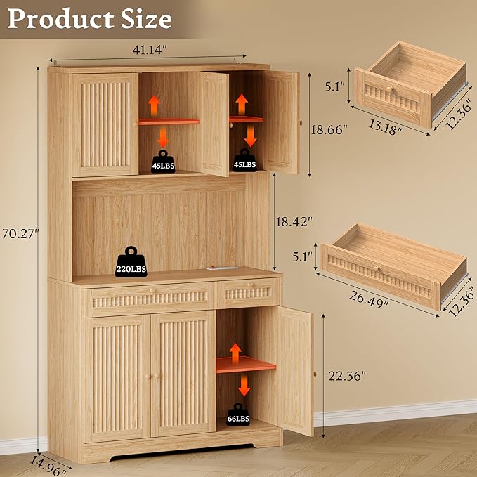 Pantry Cabinet with Charging Station and Light, Tall Kitchen Pantry Storage - Image 2