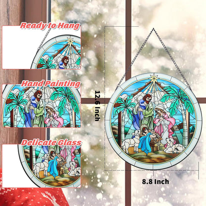 MUMTOP Nativity Stained Glass Window Hanging Christmas Wall Decor | Nativity scene glass suncatcher, hand-painted textured artwork, Christmas window decor and religious wall art