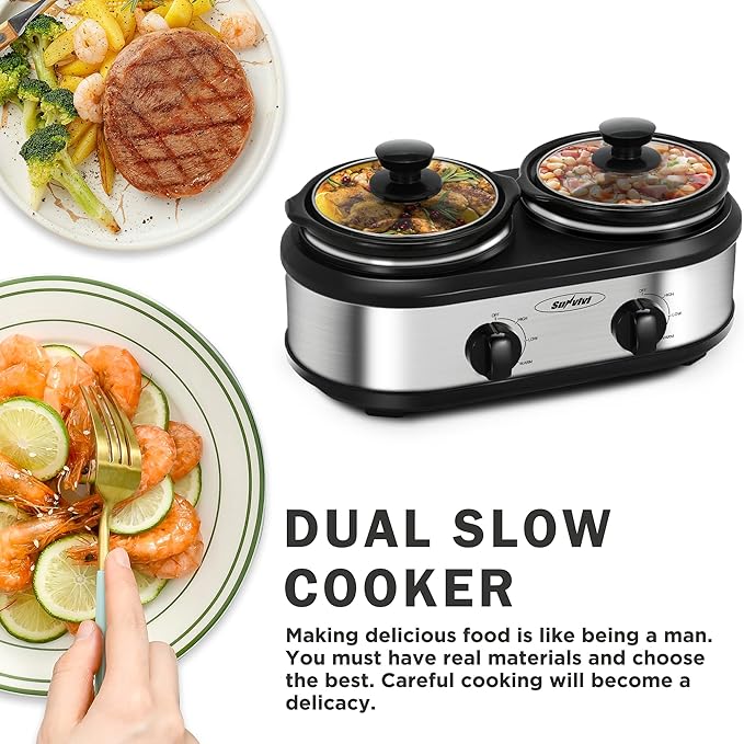 Sunvivi Dual Pot Slow Cooker, 2 Pot Small Mini Crock Buffet Server and Warmer - Image 2