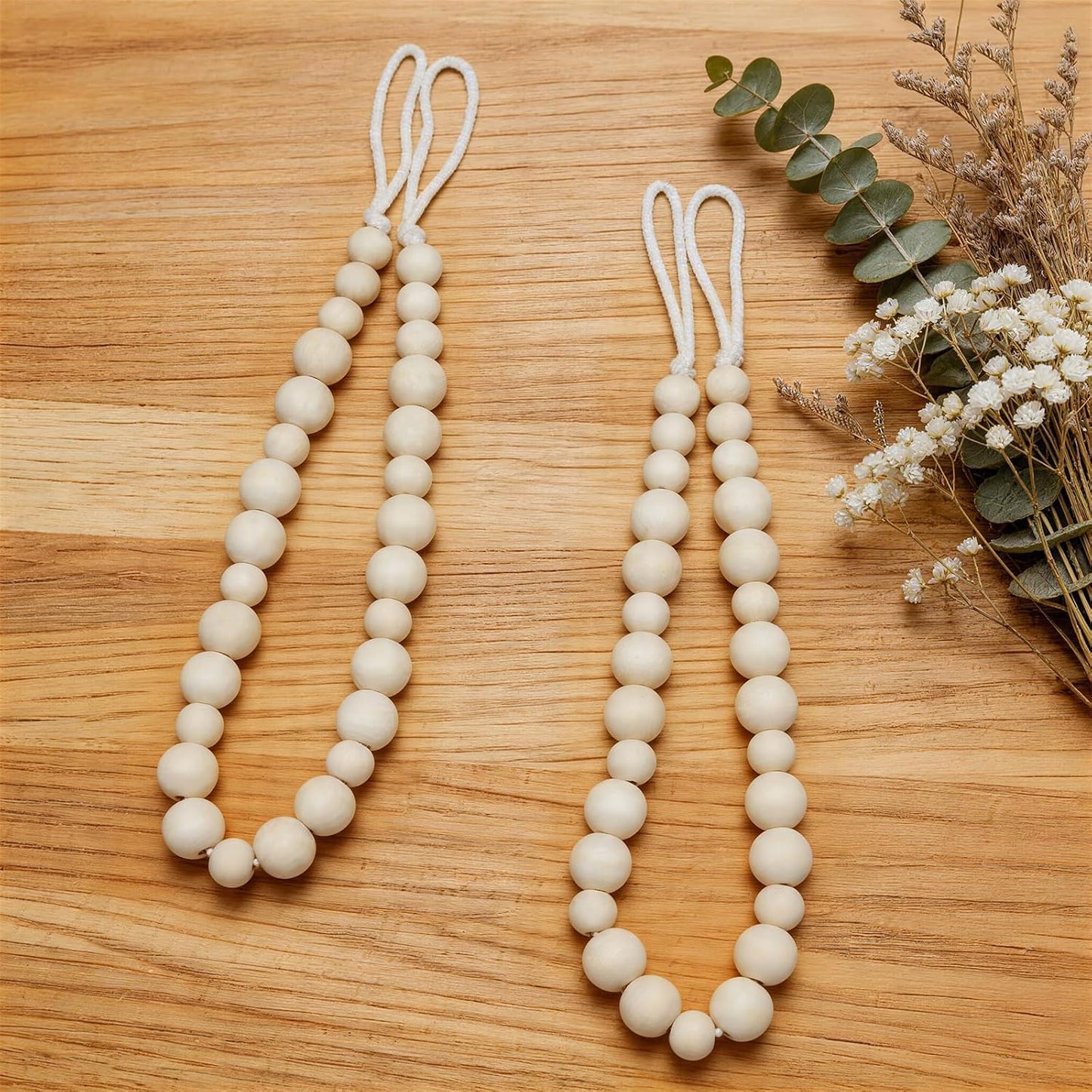 KLOGTSIND Wood Bead Curtain Tiebacks, 2 Pack Curtain Tie Backs with Hooks | Curtain Holdbacks for Thin or Thick Window Draperies, Boho Curtain Holders for Home Office Room Decor