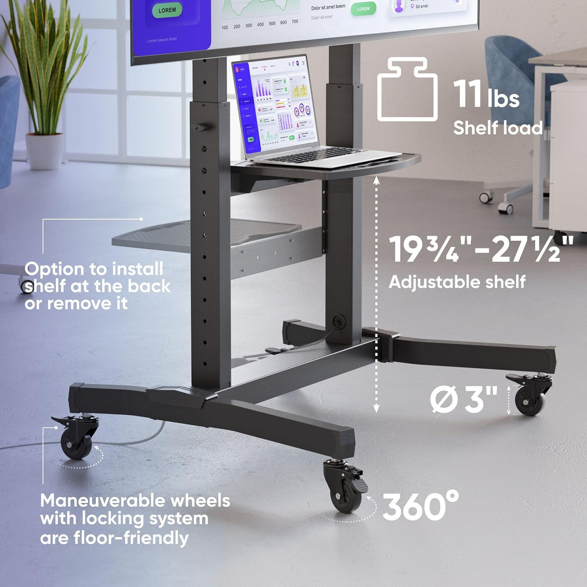 onkron mobile tv stand 50-100 inch, up to showing dimensions