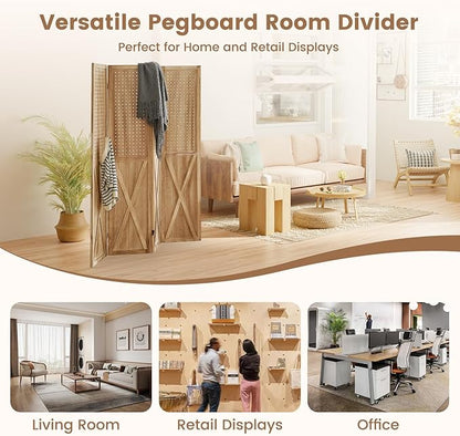 ALeesing 4 Panel Pegboard Wood Room Divider, 5.6Ft Pegboard Display Folding - Image 5