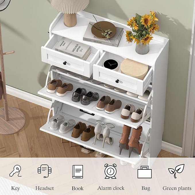 Shoe Cabinet with 2 Flip Drawers & 2 Storage Drawers, Rustic Farmhouse Narrow - Image 5