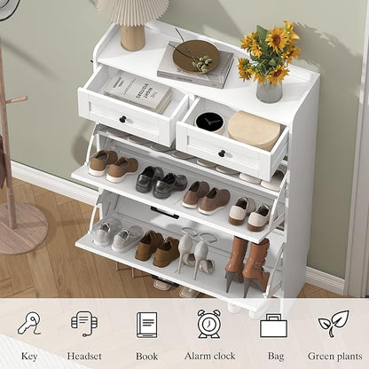 Shoe Cabinet with 2 Flip Drawers & 2 Storage Drawers, Rustic Farmhouse Narrow - Image 5