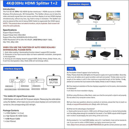 HDMI Splitter 1 in 2 Out【with 3HDMI Cables + 1USB Strip Power Cable 】 1×2 Power - Image 9