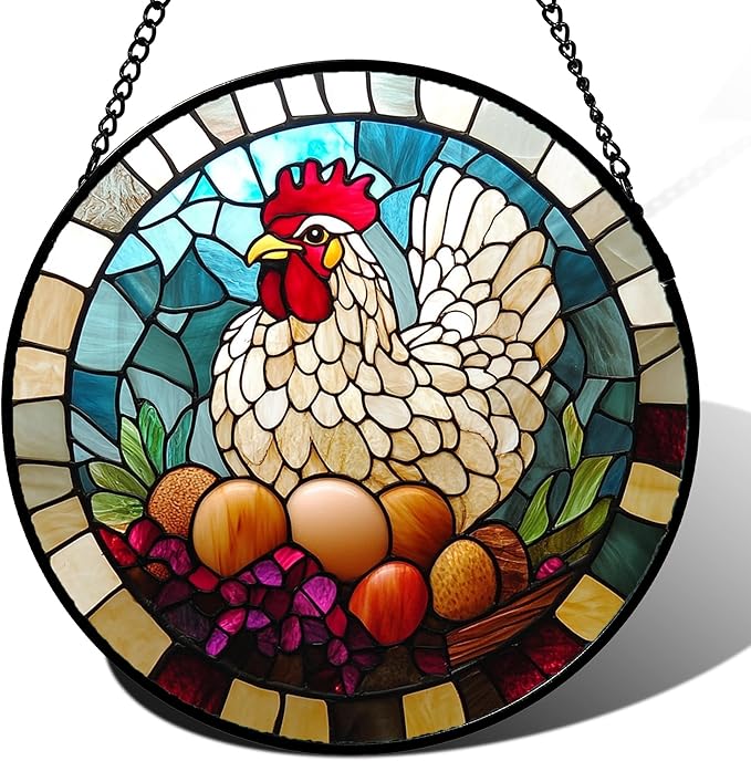 DASTOLL Stained Glass Window Hanging White Chicken Hatching Eggs 9.8" by DASTOLL