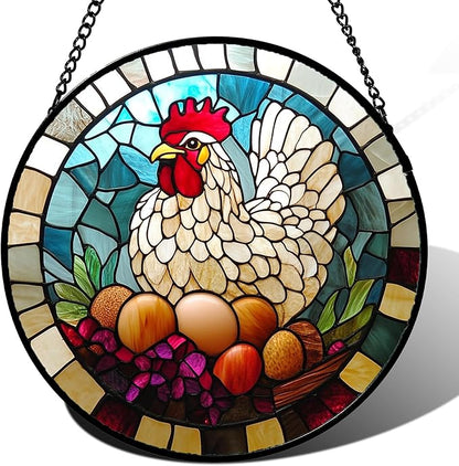 DASTOLL Stained Glass Window Hanging White Chicken Hatching Eggs 9.8" by DASTOLL