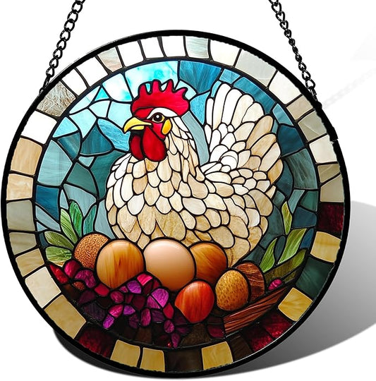 DASTOLL Stained Glass Window Hanging White Chicken Hatching Eggs 6.3" by DASTOLL