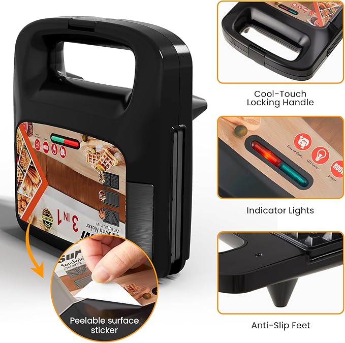 Sunvivi 3 in 1 Electric Sandwich Maker: Panini Press Grill and Waffle Iron Set - Image 3
