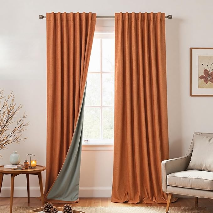 KOUFALL Retro Curtains 90 Inches Long Blackout Linen Dark Orange MCM Mid by KOUFALL