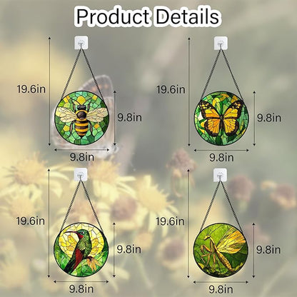 DASTOLL Stained Glass Window Hanging 4 Pcs Set Green Plants Yellow Insect Theme - Image 6