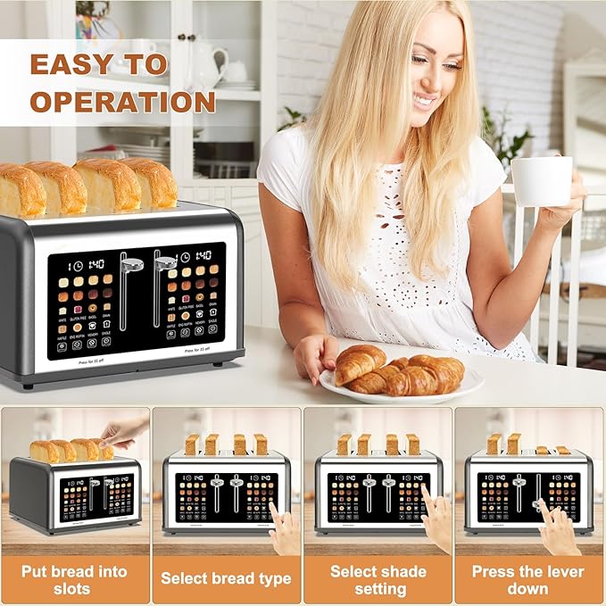 4 Slice Toaster Touch Screen, Stainless Steel Toasters Digital Timer, Dual - Image 8