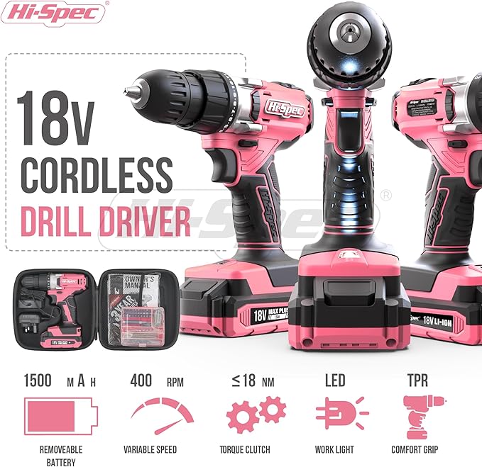 Hi-Spec Pink Cordless Drill Set, 18V Electric Drill - Image 3