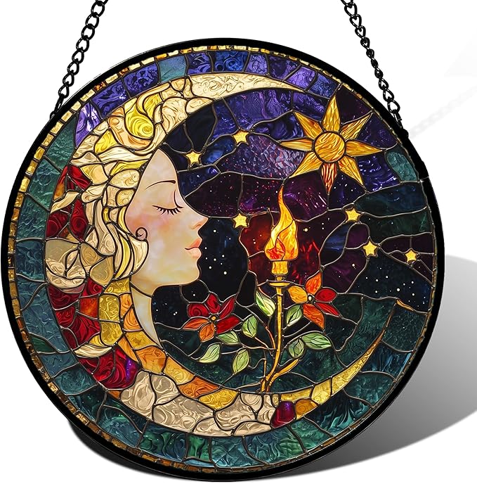 DASTOLL Stained Glass Window Hanging, Moon Goddess Torch Suncatcher Diamond by DASTOLL