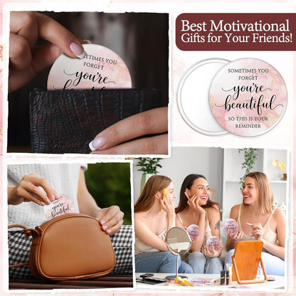 Cinnvoice 25 Sets Pink Mirror Gifts for Women Inspirational Mini Compact Mirror Bulk Small Round Pocket Makeup Gifts for Wedding Cheerleader Coworker Birthday Party Favor (Beautiful)