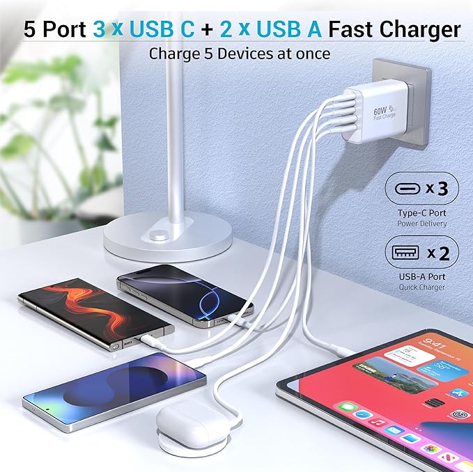 TZBAY 2-Pack 60W USB C Charger Block, 5-Port Fast Wall Charger Station - Image 4