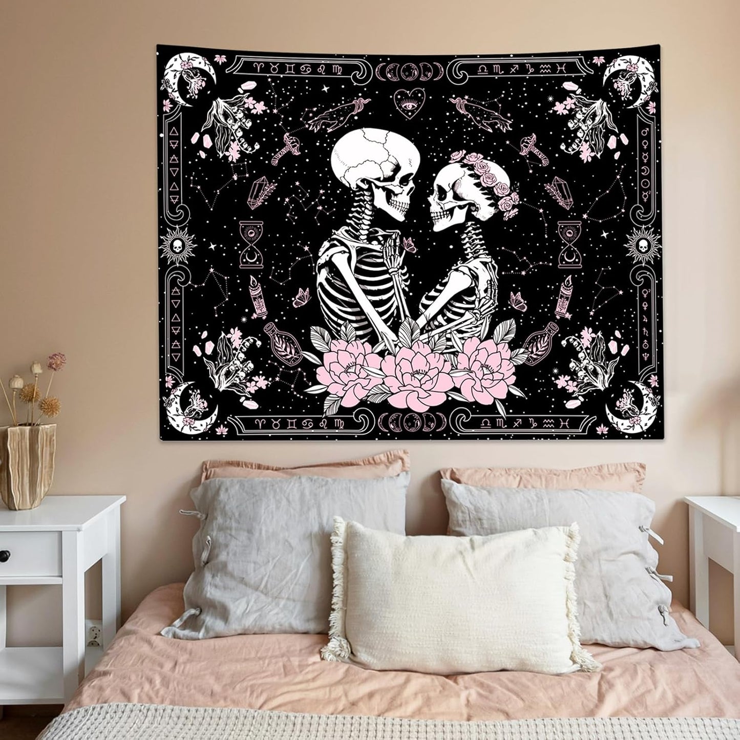 KJHL Black and Pink Gothic Witchy Skull Tapestry 44ʺ x 60ʺ Floral Constellation Skeleton Aesthetic Tapestries Wall Hanging for Bedroom Dorm