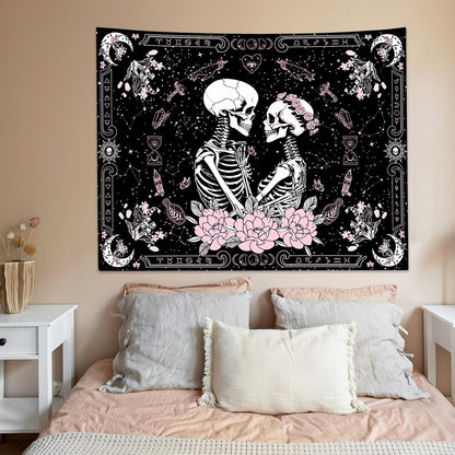 KJHL Black and Pink Gothic Witchy Skull Tapestry 44ʺ x 60ʺ Floral Constellation Skeleton Aesthetic Tapestries Wall Hanging for Bedroom Dorm