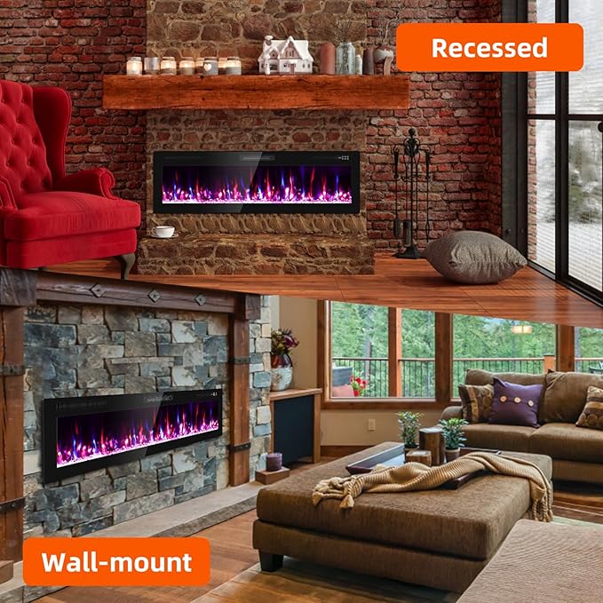Narrow Bezel Electric Fireplace-60 inch Fireplace Wall Mount/Recessed-Ultra - Image 6