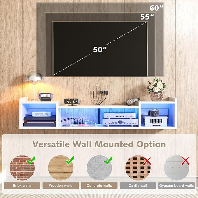 55.1"W Floating TV Stand with LED Lights & Power Outlets - Image 5