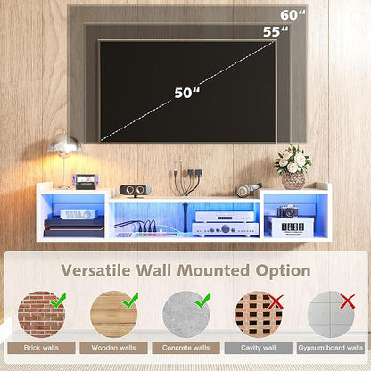 55.1"W Floating TV Stand with LED Lights & Power Outlets - Image 5