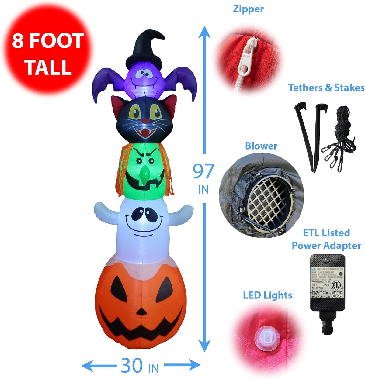 8 FT Halloween Inflatable Stacked Bat, Black Cat Witch Ghost Pumpkin