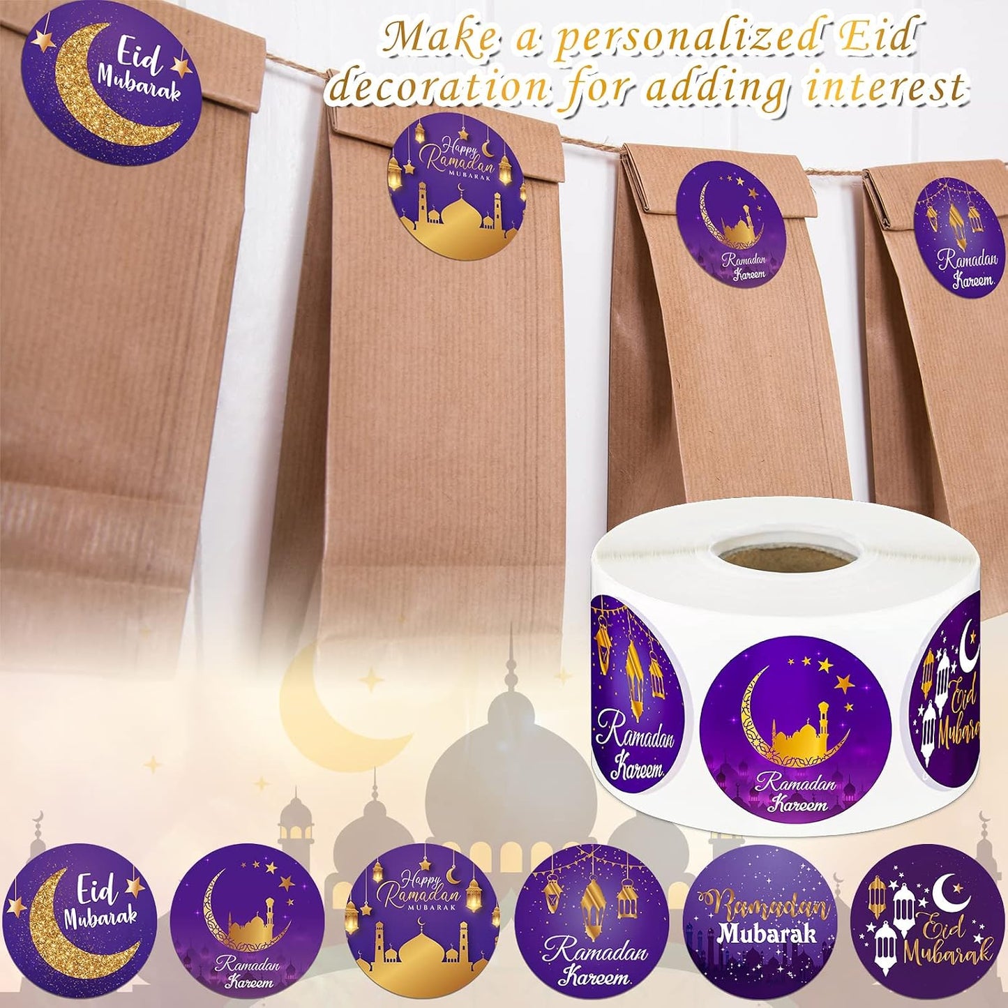 Nezyo 600 Pieces Ramadan Mubarak Stickers Eid Islamic Kareem Wall Window Stickers Ramadan Envelopes Gift Bags Labels for Eid Party Decorations(Bright Style)