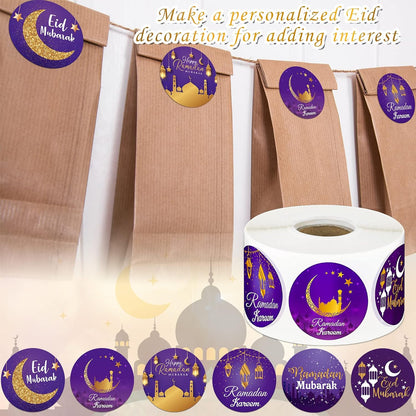 Nezyo 600 Pieces Ramadan Mubarak Stickers Eid Islamic Kareem Wall Window Stickers Ramadan Envelopes Gift Bags Labels for Eid Party Decorations(Bright Style)
