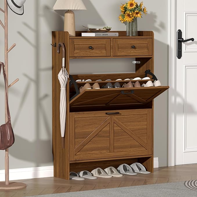 Shoe Cabinet with 2 Flip Drawers & 2 Storage Drawers, Rustic Farmhouse Narrow - Image 3