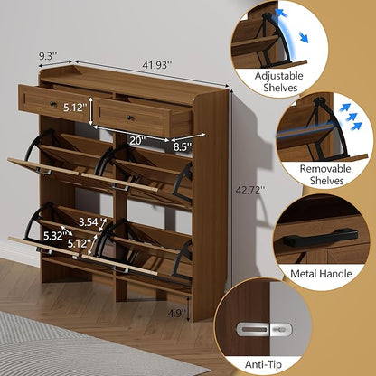 Shoe Cabinet with 4 Flip Drawers & 2 Storage Drawers, Rustic Farmhouse Narrow - Image 6