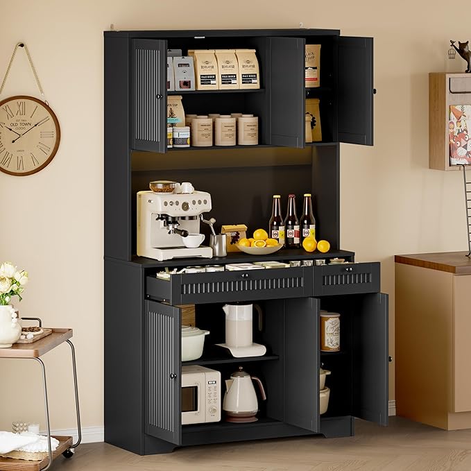 Pantry Cabinet with Charging Station and Light, Tall Kitchen Pantry Storage - Image 3