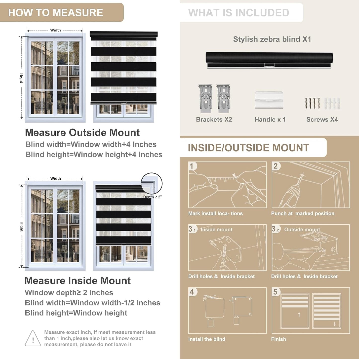 Boolegon Cordless Zebra Blinds for Indoor Windows,Black,58" Wx56 H | Dual Layer Light Control for Day and Night,Heat insulation UV Protection Free Stop Window Shades for Home, Easy to Install