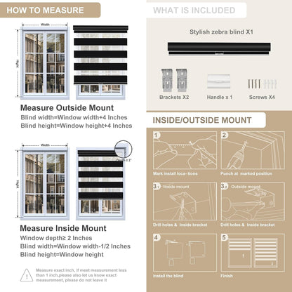 Boolegon Cordless Zebra Blinds for Indoor Windows,Black,58" Wx56 H | Dual Layer Light Control for Day and Night,Heat insulation UV Protection Free Stop Window Shades for Home, Easy to Install