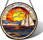 DASTOLL Stained Glass Window Hanging, Sun Ocean Sailboat Seagull Abstract by DASTOLL