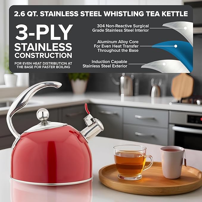 Viking 3-Ply Stainless Steel Tea Kettle, 2.6 Quart Stovetop Hot Water Pot - Image 2