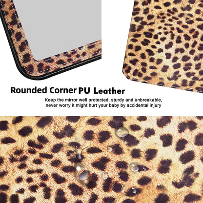 Foldable Travel Makeup Mirror, Portable PU Leather Standing Desk Mirror Rounded Corner, Large Folding Desktop Vanity Mirror with Adjustable Stand for Vanity Table, Office, Camping Leopard Print