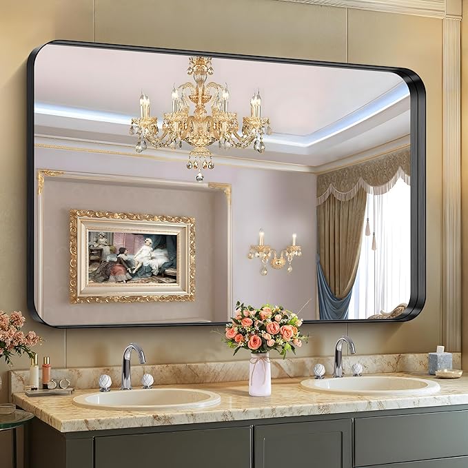 CIRCUMI Black Bathroom Mirror, Rounded Corner, Tempered Glass, Large Mirror by CIRCUMIMirror