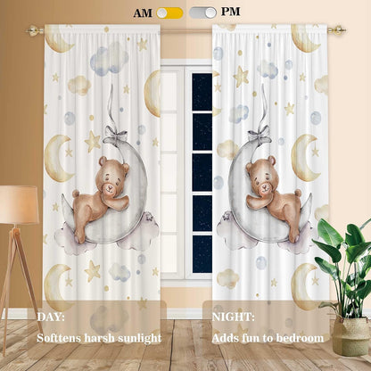 82" Wx 84" L Cartoon Lovely Bear Moon and Stars Window Curtains for Baby Room Bedroom Nursery Home Decor Decorations with Fabric Machine Washable